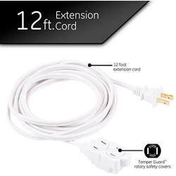 GE 12 Ft Extension Cord, 3 Outlet Power Strip, 2 Prong, 16 Gauge, Twist-to-Close Safety Outlet Covers, Indoor Rated, Perfect for Home, Office or Kitchen, UL Listed, White, 51954