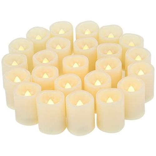 24 PCS Small Round Cream White Flameless Votive Candles Fake Unscented Flickering Battery Operated Electric Tea Lights Bulk Set Baptism Party Wedding Decorations Home Decor Centerpieces Batteries Incl