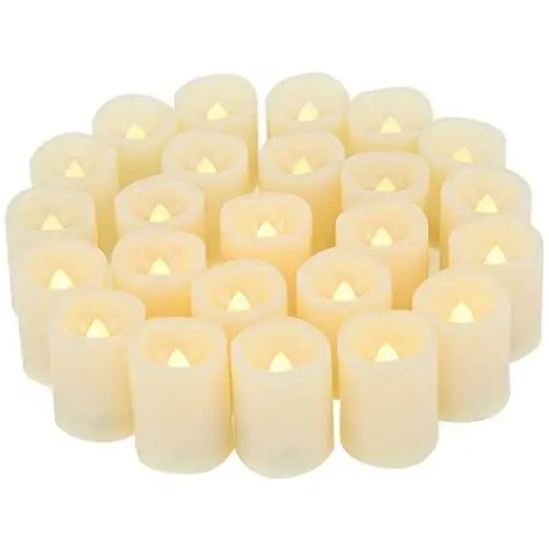 24 PCS Small Round Cream White Flameless Votive Candles Fake Unscented Flickering Battery Operated Electric Tea Lights Bulk Set Baptism Party Wedding Decorations Home Decor Centerpieces Batteries Incl
