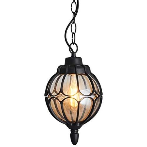 IJ INJUICY Outdoor Hanging Lantern, Rustic Waterproof Pendant Lighting Fixture in Painted Black Metal with Glass Globe, 7.1'' Exterior Hanging Light for Porch, Exterior, Entryway (Black)