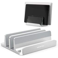Vertical Laptop Stand - AboveTEK - 3 Slots for Computer, Tablet, Phone - Fits All Laptop Models （up to 17.3''） - Heavy Duty Polished Aluminum Desktop Holder - Anti Slide Silicone Grips - Silver