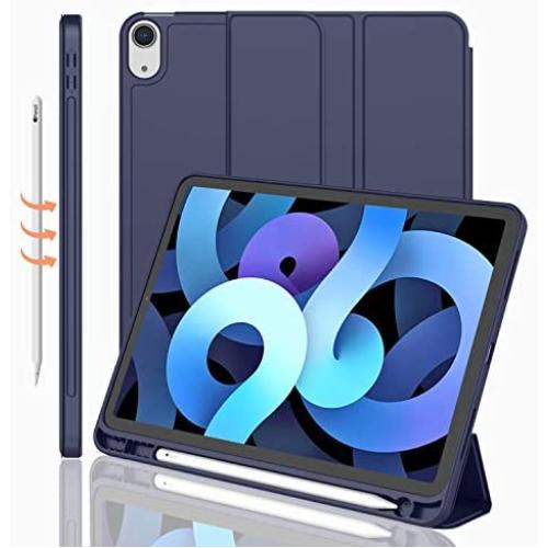 iMieet Case for New iPad Air 4th Generation 10.9 Inch 2020 with Pencil Holder [Support Touch ID and iPad 2nd Pencil Charging/Pair], Trifold Stand Smart Case with Soft TPU Back,(Dark Blue)