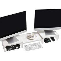 Superjare Dual Monitor Stand Riser, Adjustable Length and Angle Multi Screen Stand, Desktop Stand Storage Organizer for Laptop Computer/TV/PC/Printer- White