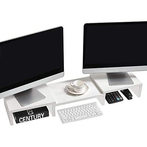 Superjare Dual Monitor Stand Riser, Adjustable Length and Angle Multi Screen Stand, Desktop Stand Storage Organizer for Laptop Computer/TV/PC/Printer- White