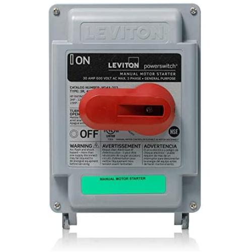 Leviton MS4X-303 30 Amp, 600 VAC, 3-Pole, Non-Fused Manual Motor Starter, Suitable as Motor Disconnect, Type 4X Thermoplastic Enclosure, IP67-Watertight