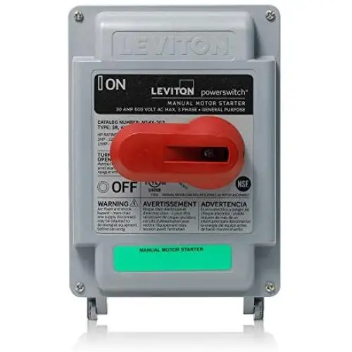 Leviton MS4X-303 30 Amp, 600 VAC, 3-Pole, Non-Fused Manual Motor Starter, Suitable as Motor Disconnect, Type 4X Thermoplastic Enclosure, IP67-Watertight Leviton MS4X-303 30 Amp, 600 VAC, 3-Pole, Non-Fused Manual Motor Starter, Suitable as Motor Disconnect, Type 4X Thermoplastic Enclosure, IP67-Watertight