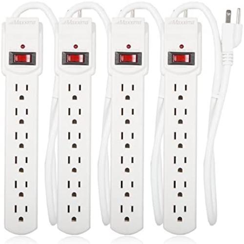 Maxxima 6 Outlet Power Strip Surge Protector 300 Joules, 2FT Cord, Switch (4 Pack)