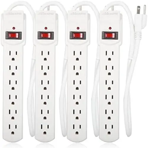 Maxxima 6 Outlet Power Strip Surge Protector 300 Joules, 2FT Cord, Switch (4 Pack)