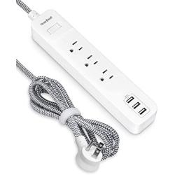 Power Strip with 3 Outlets and 3 USB Ports(1625W/13A), ETL Listed Wall Mountable with 5Ft Braided Extension Cord, Overload Protection for Cruise/Home/Office/Travel.