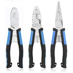 NEWACALOX Multi Pliers Set ( Industrial Linemans Cable Cutters Needle Nose Plier with Wire Stripper Crimper Function, Heavy Duty pliers Blue )
