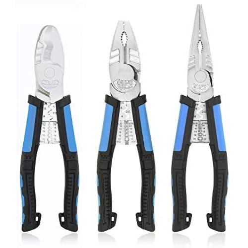 NEWACALOX Multi Pliers Set ( Industrial Linemans Cable Cutters Needle Nose Plier with Wire Stripper Crimper Function, Heavy Duty pliers Blue )