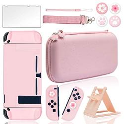 BRHE Pink Travel Carrying Case Accessories Kit for Nintendo Switch with Hard Protective Cover, Glass Screen Protector, Ultra-Thin Adjustable Stand and Thumb Grip Caps 10 in 1