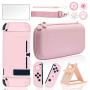 BRHE Pink Travel Carrying Case Accessories Kit for Nintendo Switch with Hard Protective Cover, Glass Screen Protector, Ultra-Thin Adjustable Stand and Thumb Grip Caps 10 in 1