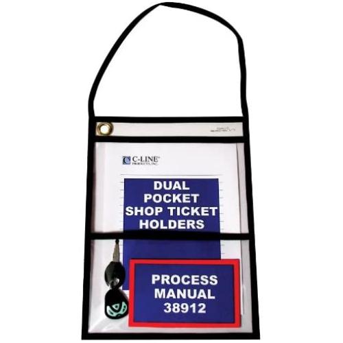 C-Line Stitched Dual Pocket Shop Ticket Holder with Hanging Strap, Both Sides Clear, 9 x 12 Inches, 15 per Box (38912)