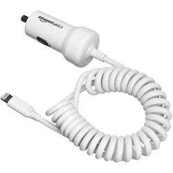 Amazon Basics Coiled Cable Lightning Car Charger, 1.5 Foot, White