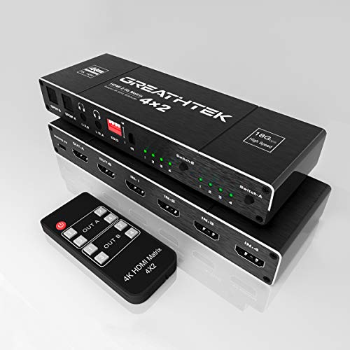 HDMI Matrix 4x2 Switch 4K@60Hz 4:4:4, Audio EDID Extractor with IR Remote Control, HDR Dolby Vision SPDIF 5.1CH & Optical & L/R 3.5mm Output, HDMI2.0 Video Switcher Splitter 3D 1080P