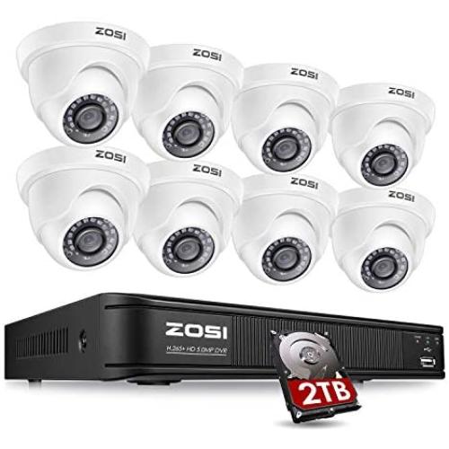 ZOSI H.265+ 5MP Dome Security Camera System for Home, 8CH CCTV DVR with Hard Drive 2TB for 24/7 Recording, 8X 5MP 2K Surveillance Camera Outdoor Indoor,Long Night Vision, Remote Access