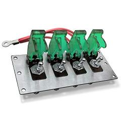 MGI SpeedWare 4 Gang Metal Toggle Switch Panel, Safety Flip Covers (Green)