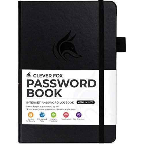 Clever Fox Password Book with tabs. Internet Address and Password Organizer Logbook with Alphabetical tabs. Medium Size Password Keeper Journal Notebook for Computer & Website Logins (Black)