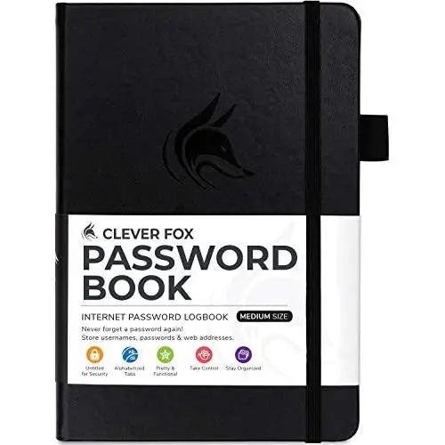 Clever Fox Password Book with tabs. Internet Address and Password Organizer Logbook with Alphabetical tabs. Medium Size Password Keeper Journal Notebook for Computer & Website Logins (Black)