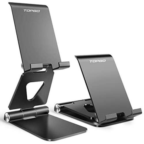 Cell Phone Stand Holder Adjustable Increase Fully Foldable Thick Aluminum Desktop Cellphone Cradle Dock with Anti-Slip Base and Convenient Charging Port for iPhone for Bedside Table, Ofice, Desk-Black