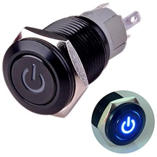 Ulincos Latching Push Button Switch U16F5 1NO1NC SPDT ON/OFF Black Shell with Blue Power Symbol LED Suitable for 16mm 5/8'' Mounting Hole (Blue)