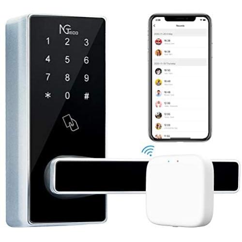 NGTeco Smart Door Lock with Electronic Touchscreen Keypad and WiFi Bridge Keyless Entry Door Lock Easy Install, Digital Smart Lever Lock with Alarm System,App,Code,Card and Key for Front Door,Black
