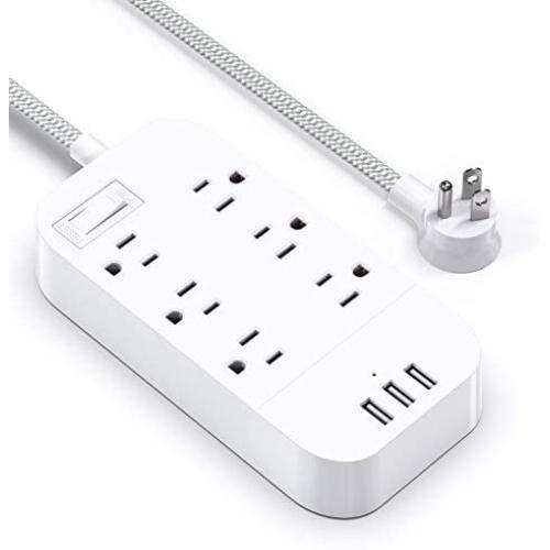 Power Strip with USB- Extension Cord with 6 Outlets 3 USB Charger, Flat Plug, Wall Mount 5ft Extension Cord, Desktop Charging Station for Home, Office, Dorm Essentials