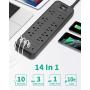 AiJoy Mountable Power Strip Surge Protector with 10 AC Outlets, 1 USB-C Port & 3 USB Ports, 10ft Extension Cord with Flat Plug, 1875W/15A, 1720Joules, Charging Station for Home, Dorm and Office