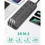 AiJoy Mountable Power Strip Surge Protector with 10 AC Outlets, 1 USB-C Port & 3 USB Ports, 10ft Extension Cord with Flat Plug, 1875W/15A, 1720Joules, Charging Station for Home, Dorm and Office