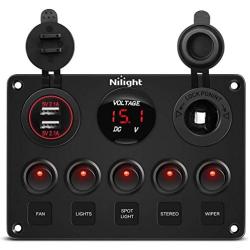 Nilight 5 Gang Multi Function Rocker Switch Backlit Dual USB Charger + Digital Voltmeter +12V Outlet Pre-Wired Switch Panel with Inline Fuse for RVs Cars Boats Trucks Trailers, red (90124E)