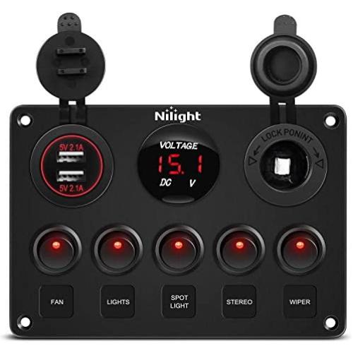 Nilight 5 Gang Multi Function Rocker Switch Backlit Dual USB Charger + Digital Voltmeter +12V Outlet Pre-Wired Switch Panel with Inline Fuse for RVs Cars Boats Trucks Trailers, red (90124E)