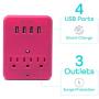 Aduro Surge Protector 3 Outlets Power Strip Station with USB (4 Ports 4.8A) Wall Mount Multiple Outlet Splitter Extender Adapter with Phone Shelf Stand ETL Listed, Pink
