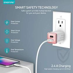 iPhone Charger Set, 2-Pack Overtime Apple MFi Certified Lightning Cables with 1 Dual USB Wall Adapter - 2.4 AMP Compatible w/iPhone 11 Pro Max XS XR X 8 7 6S 6 Plus SE iPad (Rose Gold/White, 4ft)