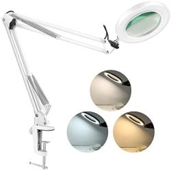 LANCOSC LED Magnifying Lamp with Clamp, Stepless Dimmable, 3 Color Modes, 5-Diopter 4.3″ Real Glass Lens, Adjustable Swivel Arm Lighted Magnifier Light for Desk Table Craft Workbench Close Work-2.25X