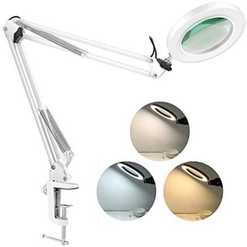 LANCOSC LED Magnifying Lamp with Clamp, Stepless Dimmable, 3 Color Modes, 5-Diopter 4.3″ Real Glass Lens, Adjustable Swivel Arm Lighted Magnifier Light for Desk Table Craft Workbench Close Work-2.25X