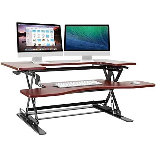 Halter Stand Up Desk Converter for Laptop, Dual Monitor and Laptop Riser Adjustable Standing Desk w/Cable Management & Keyboard Tray (Cherry)