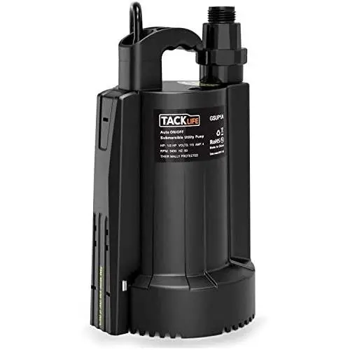 Submersible Water Pump, TACKLIFE Utility Pump, 1/3 Output HP, Automatic Sensor Switch, Max.2500 GPH, Up to 25ft, 10ft Cord, 3/4 in Adapter Check Valve