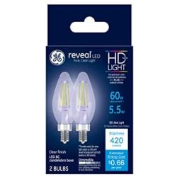GE Reveal HD+ 60W Replacement LED Chandelier Light Bulbs, 2-Pack, Clear, Blunt Tip, Candelabra Base LED Light Bulbs, E12 Bulb, BC