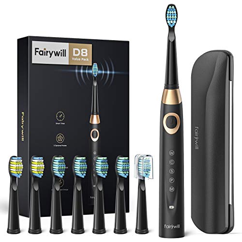Fairywill Electric Toothbrush for Adults and Kids Accepted by American Dental Association, 8 Dupont Brush Heads & Travel Case 5 Modes Rechargeable Whitening Power Sonic Toothbrush Smart Timer Black