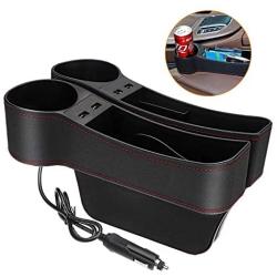 JESTOP Car Seat Gap Filler, 2 Packs Leather Car Front Seat Storage with Dual USB Charging, Auto Center Console Organizer for Cell Phone Wallet Coin Key (Black)