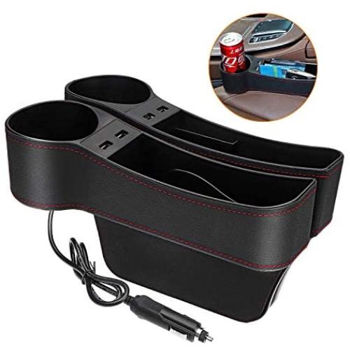 JESTOP Car Seat Gap Filler, 2 Packs Leather Car Front Seat Storage with Dual USB Charging, Auto Center Console Organizer for Cell Phone Wallet Coin Key (Black)