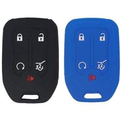 LemSa 2pcs Silicone 5 Buttons Smart Key Fob Cover Remote Keyless Entry Bag Compatible with GMC Acadia Terrain Yukon Chevrolet Suburban Tahoe, Black Blue