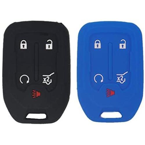 LemSa 2pcs Silicone 5 Buttons Smart Key Fob Cover Remote Keyless Entry Bag Compatible with GMC Acadia Terrain Yukon Chevrolet Suburban Tahoe, Black Blue