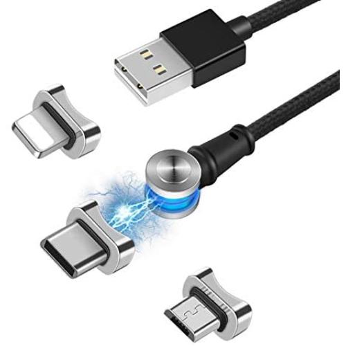 Jasput Magnetic Charging Cable,3 in 1 180°Rotation Magnetic Phone Charger Cable,Led & Nylon Braided Magnetic Charger Cable Compatible with i-Product,Micro USB and Type-c Etc (3.3ft)