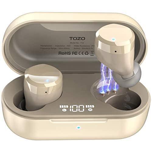 TOZO T12 Wireless Earbuds Bluetooth Headphones Premium Fidelity Sound Quality Wireless Charging Case Digital LED Intelligence Display IPX8 Waterproof Earphones Built-in Mic Headset for Sport Champange