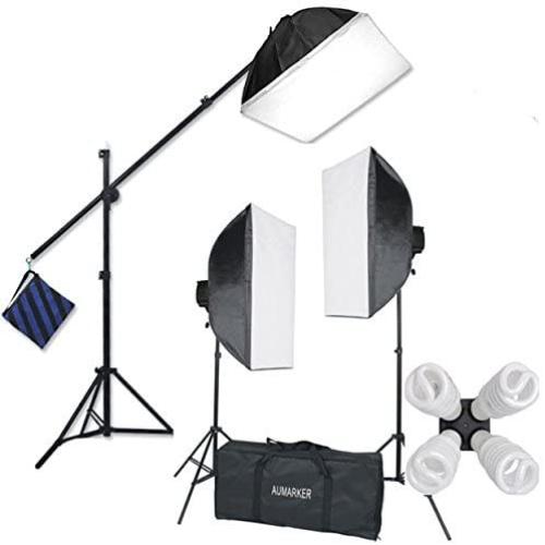 StudioFX H9004SB2 2400 Watt Large Photography Softbox Continuous Photo Lighting Kit 16'' x 24'' + Boom Arm Hairlight with Sandbag H9004SB2 by Kaezi