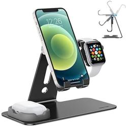 OMOTON Adjustable Apple Watch Stand, Triunity Charging Dock For iWatch, AirPod and iPhone 11/XR/XS/6/7/8 Plus/12 Pro Max, Original Apple Watch Magnetic Charging Cable Required, Black