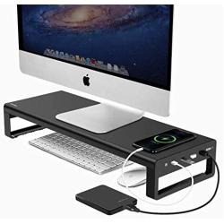 Vaydeer USB 3.0 Aluminum Monitor Stand Metal Riser Support Transfer Data,Keyboard and Mouse Storage Desk Organizer for Laptop,Computer,Notebook,MacBook(Monitor Size Up to 27 inches)(Black)