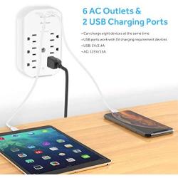 6 Outlet Surge Protector, Addtam Wall Outlet Extender with Sensor Night Light, Multi Plug Outlet Wall Adapter Power Strip with 2 USB Charging Ports, 490 Joules, for Home, Travel, Office, Hotel